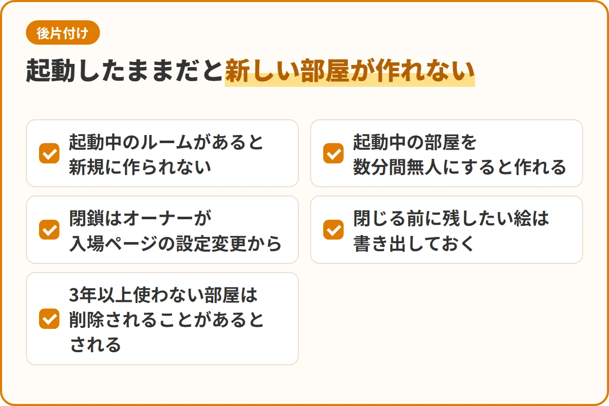 起動したままだと新しい部屋が作れない